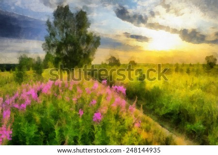 Digital structure of paintings. Summer sunny landscape in the field with pink flowers