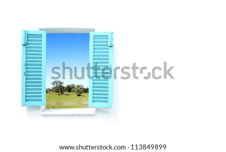 Greek Style windows  with country filed view and wall blank for text