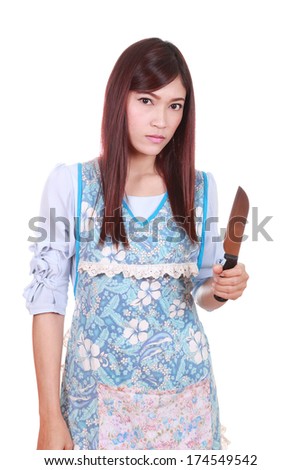 female chef holding a carving knife isolated on white background