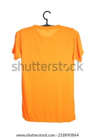 orange t-shirt template on hanger (back side) isolated on white background