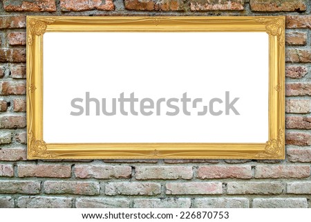 blank golden frame on brick stone wall background