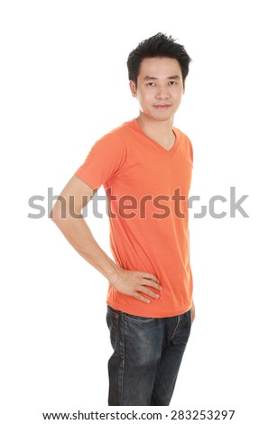 man with orange t-shirt (side view) isolated on white background