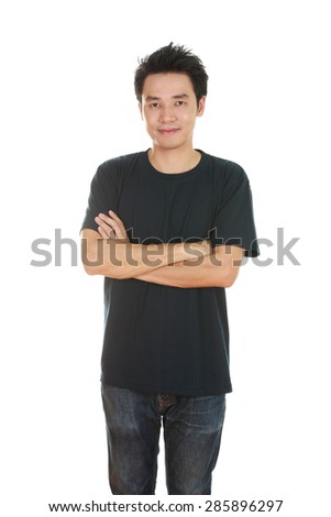man with arms crossed, wearing black t-shirt isolated on white background.