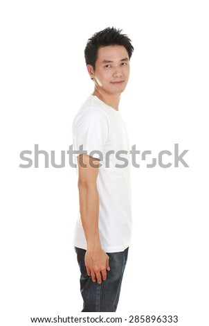 man with pink t-shirt (side view) isolated on white background