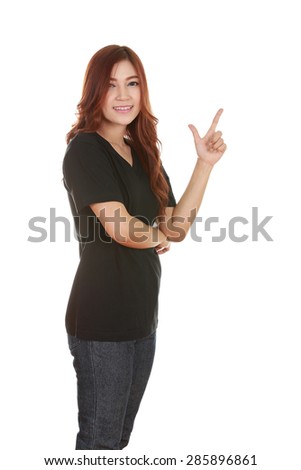 Woman think of idea with black t-shirt isolated on white background