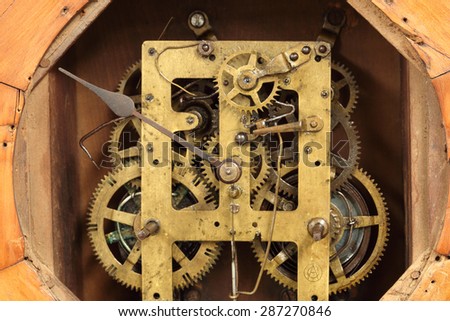 Close up view of vintage clock\'s gears