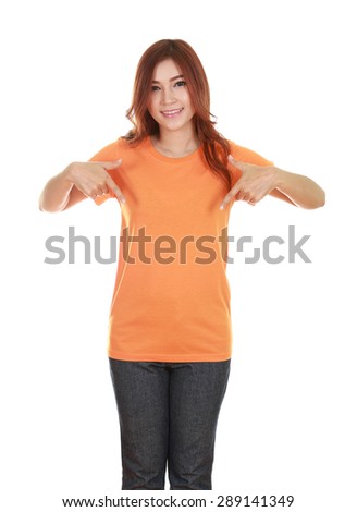 young beautiful female with blank orange t-shirt isolated on white background