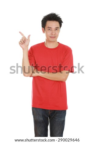 man think of idea with red t-shirt isolated on white background