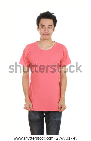 man with blank pink t-shirt isolated on white background