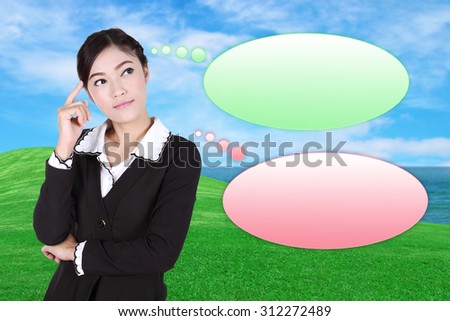 Thinking business woman with many ideas in empty bubble with green grass field and sea background