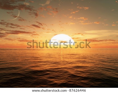 3d CG image of the sun setting over the ocean