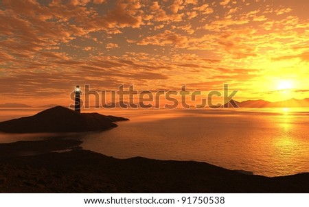 Illustration of the sun setting at the ocean and lighthouse on the shore