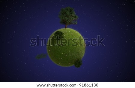 Illustration of a small sized cartoon like planet with grass, trees and bushes