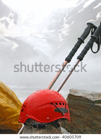 mountaineering climbing equipment against high mountain view