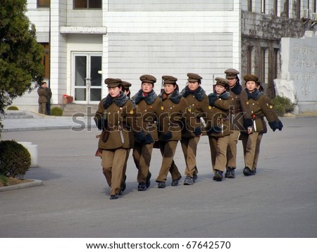 PYONGYANG - MARCH 23: North Korean war woman squad in preparation for military parade on March 23, 2010 in Pyongyang, North Korea