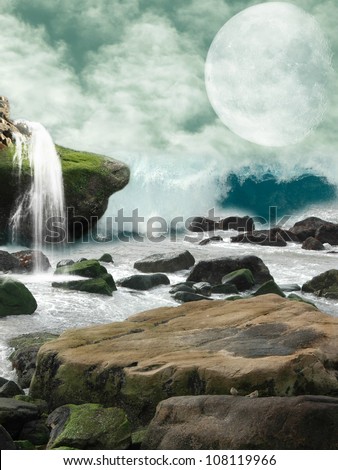 Waterfall in a fantasy landscape with moon