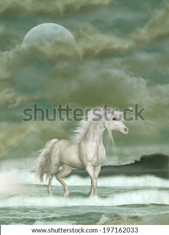 Fantasy white unicorn in the ocean with big moon