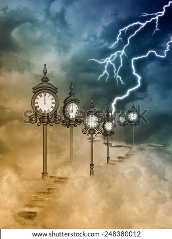 Fantasy landscape with clocks and path in the sky