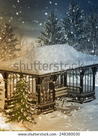 Fantasy  Landscape with shelter in a snow storm