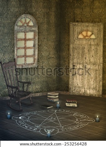 Fantasy scene in a witch house with candle and magic