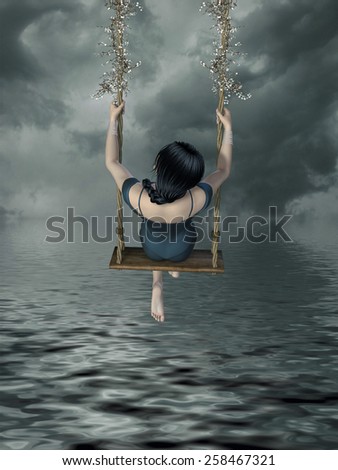 Fantasy girl with hammock in the lake