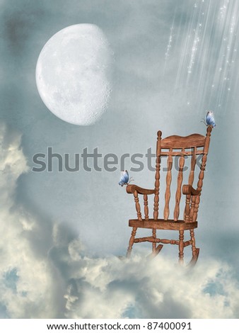 rocking chair in the sky with butterflies and moon