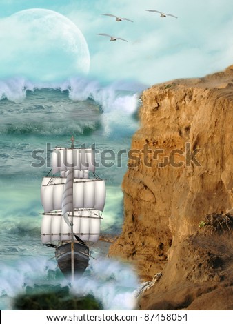 fantasy landscape with birds, ship and cliff