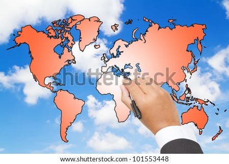 Businessman Draw a world map  on blue sky
