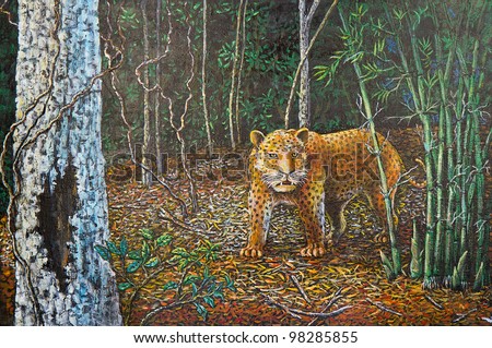 original oil painting on canvas - big leopard in the forest