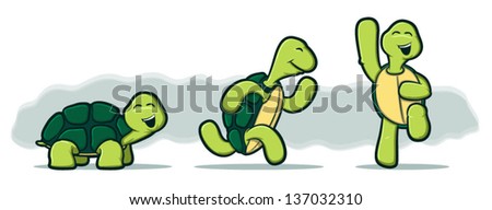Illustration of three tortoises running and jumping with smiles