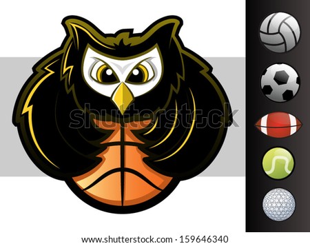 Owl sports team mascot with various sport ball icons/Vector Owl Mascot