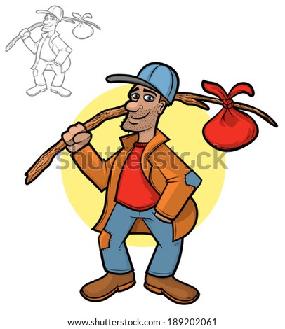 Illustration of a hobo holding his bindle sack/Vector Hobo Cartoon