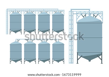 Agriculture grain silos. Agro manufacturing plant for processing drying cleaning and storage of agricultural products, flour, cereals and grain. Vector illustration.