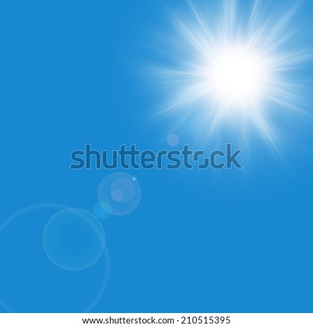 Lens flare from the bright sun in clear blue sky.