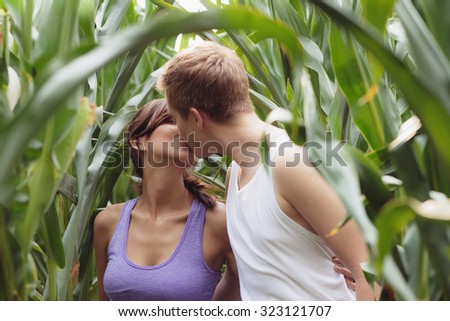 Beautiful couple in love is kissing in the corn field