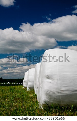 Countryside field with hay bale wrapped in plastic on sunny day