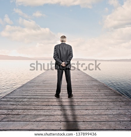 businessman looking at the sea on a wharf