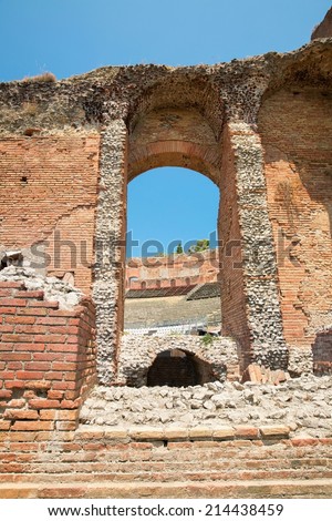 View of the fragments of the remains of an ancient Greek theater on the Italian island of Sicily, Italy, in town Taormina