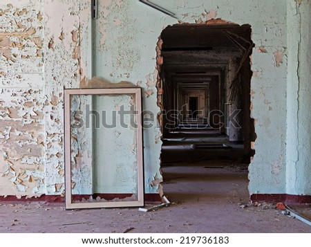 Old abandoned room of a building and window frame