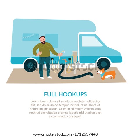 Camper service. Water intake and discharge, charging with electricity. Electricity, water, and sewer hookups for camper. Vector illustration on a white background.