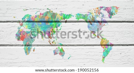 Map of the world with the people of earth represented by hands in different colors. Conceptual image of population, global friendship and teamwork.
