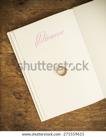 Book with title Divorce and blank white page. One wedding ring on top. Empty space for copy. Conceptual image of divorce.