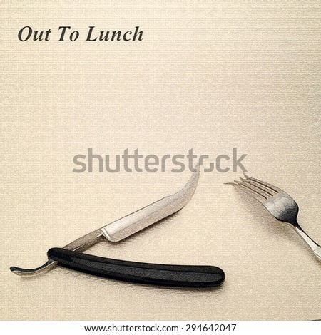 Out to lunch, surreal dinner place setting showing a twisted fork and a knife shaped cut throat razor laying on a textured background, the image has copy space for text.