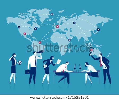 Global Trade. Business vector illustration. The team works in front of world map.