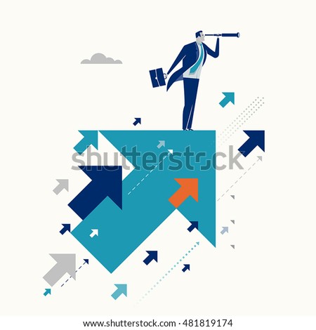 Upwards. Businessman standing on a flying arrows. Concept business illustration