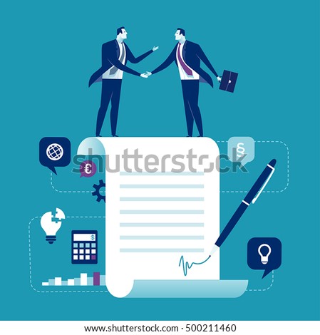 Agreement. Business people standing on a signed contract. Concept business vector illustration