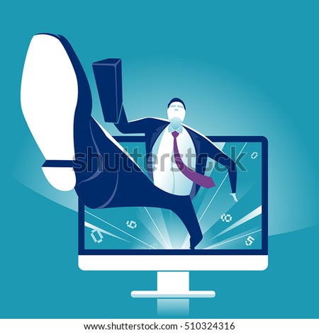 Manager jumping out of the computer, starting internet business. Business vector concept illustration.