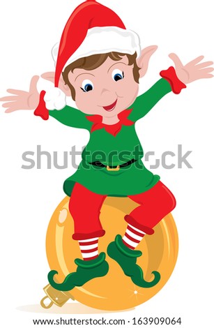 Clipart image of a cute little Christmas elf sitting on a gold ornament.