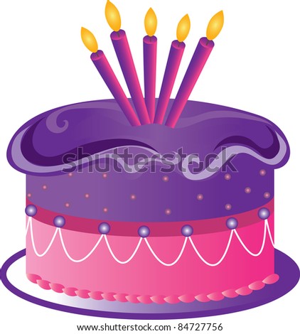 Clip art illustration of cartoon frosted birthday cake in pink, yellow and bright green icing with candles.