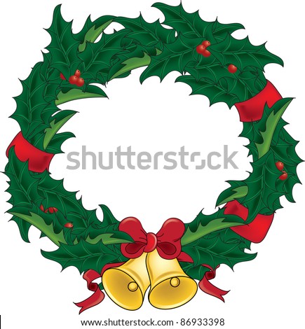 Clip Art Illustration of a holly Christmas wreath with bells and ribbons.
